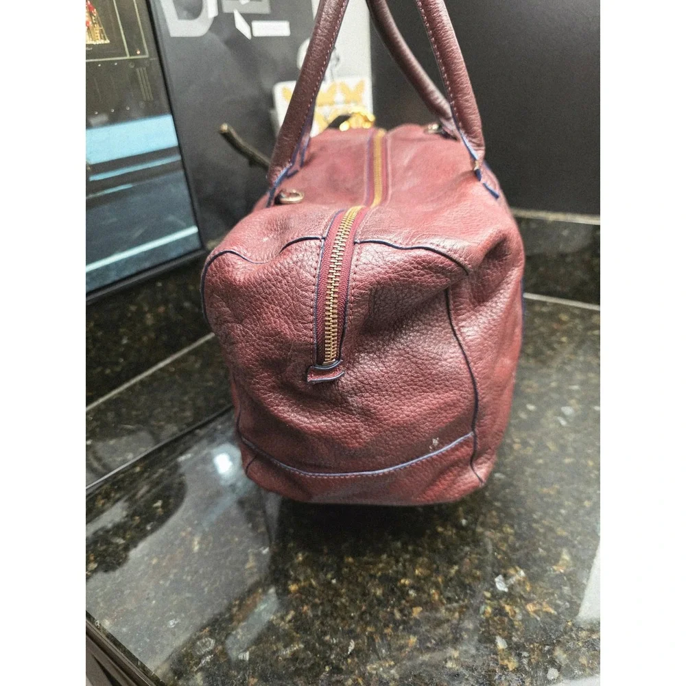 Tory Burch Brody Satchel Large Burgundy Pebbled Leather Gold Logo Duffel Bag